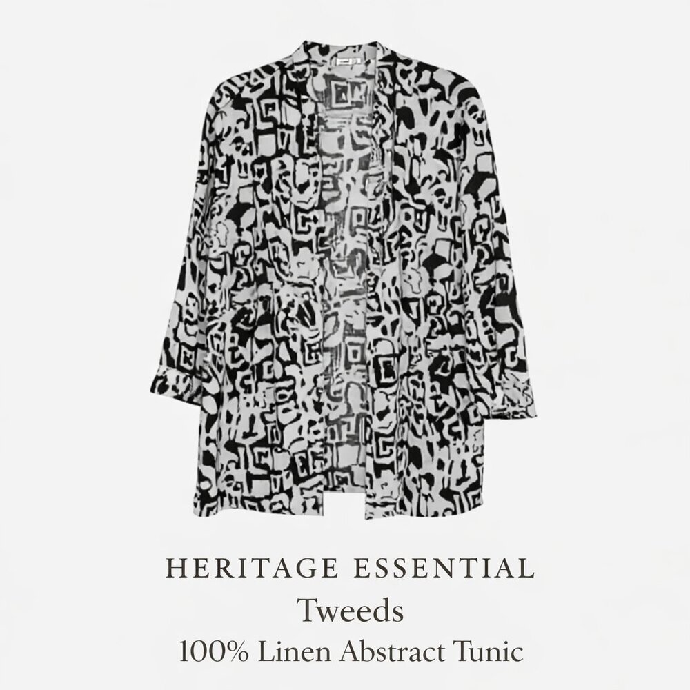 Tweeds 100% Linen Abstract Print Button Down Tunic Black White 1X